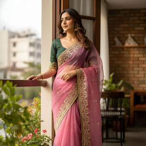 Nouveau sari élégant en coton slub pour les fêtes, avec broderie sur toute la surface, manches bouffantes et manches longues pour femmes - Product Image 1