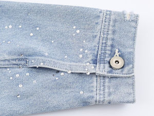 Veste en jean courte en gros pour femmes, veste en jean à paillettes, manches longues, ourlet brut, haut décontracté pour femmes, vêtements d'extérieur en fourrure - Product Image 3