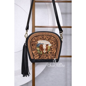 <b>Vintage</b> Style Hand Tooled Cowhide Leather Sling <b>Bag</b> Gypsy Boho Latest Designer Handmade Western Stylish Black Colour <b>Bag</b> - Product Image 1