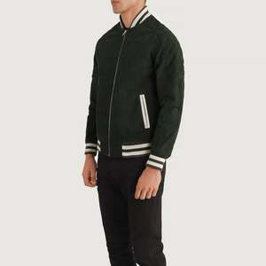 Pascal Vintage Green <b>Suede</b> Varsity <b>Jacket</b> Casual College Streetwear with Embroidered Pattern Cowhide <b>Leather</b> XS Size for Spring - Product Image 2