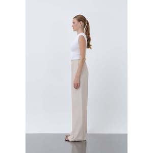 Puane Women's Comfortable Elastic Waist Wide Leg Loose Fit <b>Flowy</b> Trousers - Stylish Beige Casual Pants for All Seasons - Product Image 3