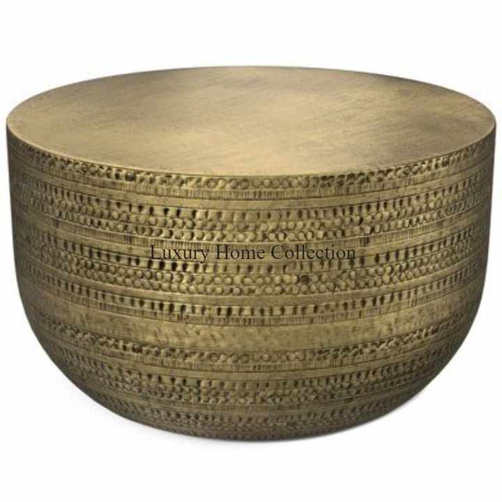 Gold Color Metal Fancy Look Handmade Center Table With Glass Round Design Top & Base Glass Custom Size Indian Made Coffee Table