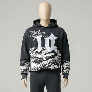 Custom Manufacturer 3d Embroidery Distressed Patch Print Cut and Sew <b>Cropped</b> Stone Acid Washed 100% Cotton Fleece Mens <b>Hoodie</b> - Product Image 4