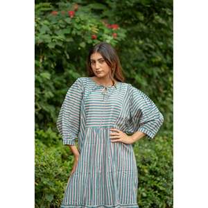 Cotton Midi <b>Dress</b> Stripe Hand Block Print Breathable <b>Boho</b> <b>Summer</b> Sundress Pockets Artisan Style Beach Vacation Wear for - Product Image 2