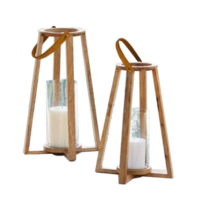 Lanternes à bougies en bois naturel de forme ronde avec poignée en fer pour la décoration intérieure et extérieure, ensemble de lanternes à bougies décoratives - Product Image 6
