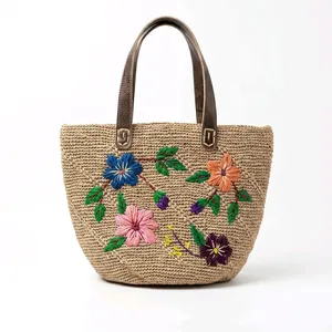 Bolso Tote de Rafia Bordado con Diseño de Baobab y Árbol Floral, Estilo Bohemio, para Playa, Verano, Abierto - Product Image 6