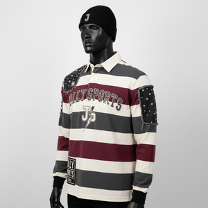 Maillot de rugby pour homme en coton premium 260 GSM, rayures teintes en fil, design à panneaux avec broderie, appliqué, logo à clous, vêtements décontractés personnalisés - Product Image 4