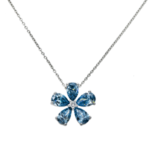Collar de oro blanco de 14K y 18K con diamante azul de corte pera de 1.50ct cultivado en laboratorio y diseño de flor. - Product Image 1