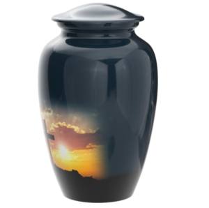 Urnes de crémation en aluminium avec motif de lever du soleil et belle couleur noire autocollant pour les cendres humaines fabriqué en Inde - Product Image 1