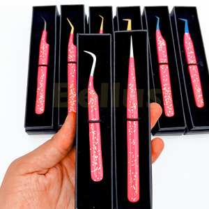 Todos los tipos de pinzas de extensión de pestañas con agarre de fibra Acero inoxidable Etiqueta privada Recubierto de Rosa Puntas curvas 45 90 grados Puntas - Product Image 4