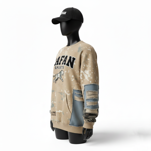 Sweat-shirt pour femme en coton lourd et polaire polyester, beige, lavage à la peinture, manches à panneaux, logo imprimé, sweat-shirts respirants pour femme - Product Image 3