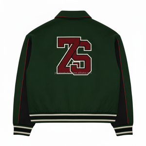 Veste universitaire en laine de haute qualité couleur vert foncé avec panneau noir contrasté veste universitaire avec logo de broderie personnalisé pour homme - Product Image 2