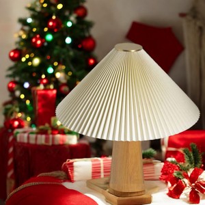 Best Price Pleated Table Lamp with Wooden Base Perfect for Holiday or Everyday Decor Adds Warmth and Style to Any Room - Product Image 1