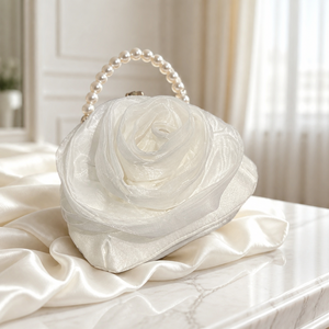 Elegant Pearl Handle Camellia Evening <b>Bag</b> <b>White</b> Silk Organza Party <b>Clutch</b> For Women - Product Image 2