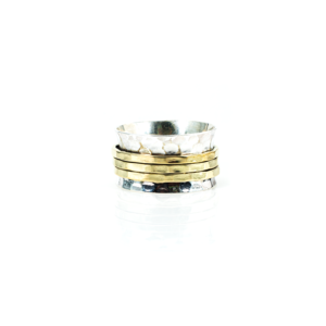 Triple Brass <b>Spinner</b> <b>Ring</b> Hammered <b>Silver</b> Band 925 Handmade Classic IGI Certified Engagement Anniversary Children's Fidget <b>Ring</b> - Product Image 1