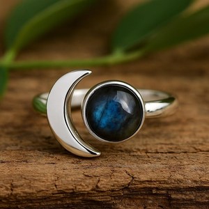 Bague Lune Labradorite Bague Croissant de Lune en Argent Sterling 925 10mm Pierre Ronde Bijoux Boho Bague de Déclaration Pour Femmes - Product Image 5