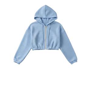 Sweat à capuche zippé court en maille gaufrée personnalisé pour femme, décontracté, à manches longues, avec cordon de serrage et poche disponible - Product Image 1