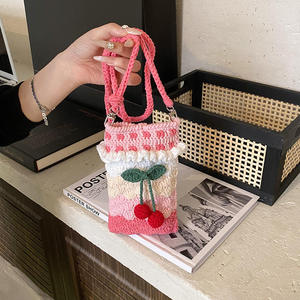 Crochet Cotton Fashion Phone Bag Cute Cherry Women's <b>Medium</b> Single Shoulder <b>Handbag</b> Urban Simplicity Portable - Product Image 2