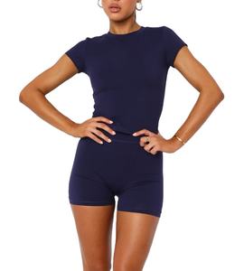 Ensemble short de sport taille haute respirant et à séchage rapide pour femme avec t-shirt à manches courtes col rond couleur unie, idéal pour un style décontracté estival - Product Image 4