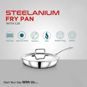 Poêles à frire exotiques à poignée rivetée en acier inoxydable argenté brillant avec couvercle Design durable Batterie de cuisine de qualité alimentaire facile à nettoyer - Product Image 2