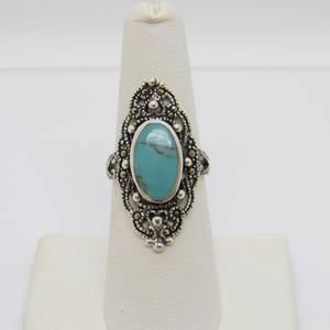 Vintage Long <b>Turquoise</b> And Marcasite <b>Ring</b> In 925 Sterling Silver Size 8 Handmade Statement Gemstone Jewelry For Women - Product Image 4