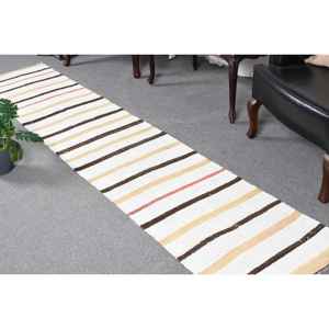 Alfombra Turca Vintage, Alfombra de Pasillo de 2x9.6 pies, Alfombra de Lana a Rayas Blancas y Marrones - Product Image 1