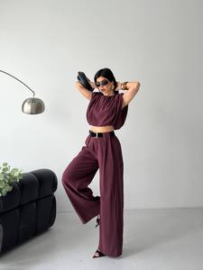 Conjunto de Dos Piezas para Mujer, Top sin Mangas con Volantes y Pantalones de Cintura Alta, Color Sólido, Chifón, Corte Holgado, Atuendo Elegante para Primavera/Verano - Product Image 6