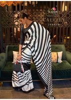Sari en satin de crêpe italien imprimé numériquement, de haute qualité, lavable en machine, avec chemisier contrastant, pour occasions spéciales