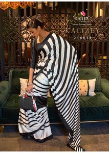 Détails du tissu italien Crape satin soie impression numérique moulin créateur Saree avec contraste Blouse fête vêtements traditionnels - Product Image 5