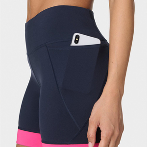 Véritable short de gym taille haute sans couture Navy Pink Trim Custom Active Training Workout Compression Shorts Elastic Waist Side - Product Image 3