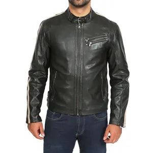 Новая распродажа, Мужская Высококачественная Экологичная Байкерская кожаная куртка с полосками черного 100% из натуральной кожи