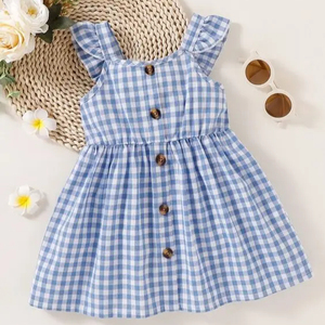 Impresionante y hermoso diseño de vestido de falda elegante de tela de algodón a cuadros azul y blanco para niña sin manga @ 2024 - Product Image 1