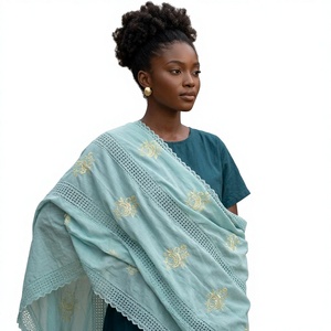 Voiles Hijabs Blancs en Polyester pour Femmes AHE, Dentelle Creuse à Œillets, Strass Floraux, Doux, Respirants, Hypoallergéniques, 200g - Product Image 1