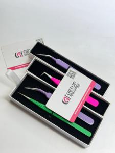 Pince à épiler professionnelle en acier inoxydable pour extensions de cils, avec revêtement en poudre rose, violet et vert, pour volume et isolation - Product Image 6