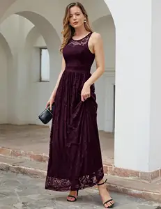 Women's Floral Lace Appliques Maxi Dress Sleeveless See-through Zipper Long Bridesmaid Dress Formal Wedding Party Gown