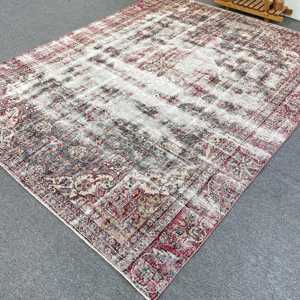 7x9 ft Rug, Vintage Turkish Rug, <b>Red</b> Ikat <b>Wool</b> Rug - Product Image 1