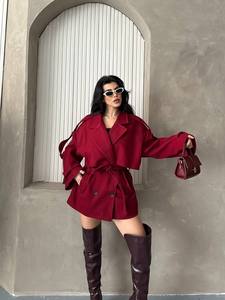 Manteau trench en tissu brossé rouge avec ceinture, double boutonnage, col chemise, manches longues, automne, décontracté, réversible, coupe-vent - Product Image 4