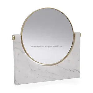 Metal Frame & White Marble Table Mirror With Bright Polish Finishing Round Shape Rectangular Base For Home Decoration