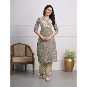 Green Cotton <b>Block</b> <b>Printed</b> Salwar Kameez Pant Set of 2 Elegant <b>Printed</b> Cotton Clothing - Product Image 1