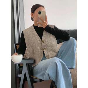 Women's Vintage Star-Button V-Neck Worsted <b>Knit</b> Single Breasted Vest Short <b>Waistcoat</b> Outerwear - Product Image 4