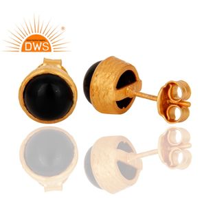 Pendientes de tuerca con bisel de ónix negro redondo, chapados en oro de 18k, plata de ley, joyería para regalo de fiesta - Product Image 4