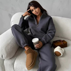 Conjunto de Sudadera con Capucha de Punto para Mujer, Invierno, Cierre de Cremallera, Cuello Camisero, Pantalones, Atuendo Informal y Suave - Product Image 2