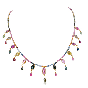 Collier en argent sterling plaqué or fait à la main avec des perles de tourmaline - Bijoux en pierres précieuses colorées 3g Style original de Jaipur - Product Image 1