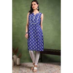 Kurti Corto de Algodón Cambray Azul para Mujer, Corte Regular, Largo hasta la Rodilla, Estampado Floral, Sin Mangas, Cuello con Muescas - Product Image 3