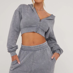 Manufacturer <b>Applique</b> Sweatsuit Acid Wash Cropped Hoodie and Sweatpants Set Tracksuit for Women - Product Image 3