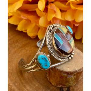 Navajo Handmade Fashion <b>Cuff</b> <b>Bracelet</b> with Multi-Stone & Sterling <b>Silver</b> Inlay - Product Image 3