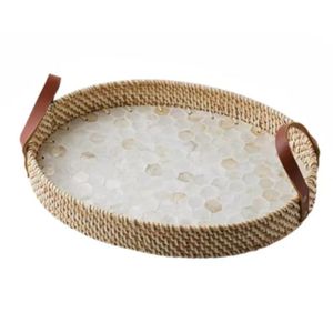 Best Selling Rattan MOP Inlay Serving <b>Tray</b> Oval Shape With Leather Handle for Table Top and Kitchen Ware Items in Vietnam - Product Image 2