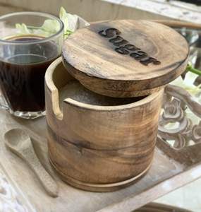 <b>Decorative</b> Rustic Wooden Sugar Seasonings Bowl <b>Box</b> Cellar Keeper <b>With</b> <b>Lid</b> & Spoon Wide Mouth Herb Spice Jar Holder Serving Bowl - Product Image 2