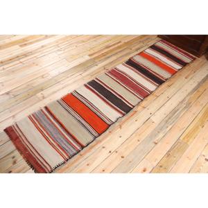Vintage Turkish Kilim Rug 2.5x11 ft (76x335 cm), <b>Red</b> Striped <b>Wool</b> Rug - Product Image 2