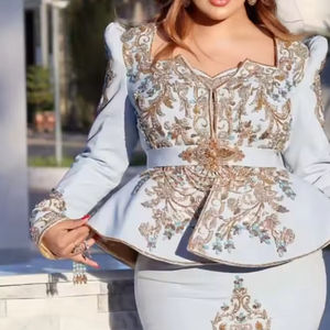 Impresionante 2024 Karakou vestido Flair chaqueta cielo azul bordado seda cristal Beadsstonepearls Dabka trabajo adornos - Product Image 1